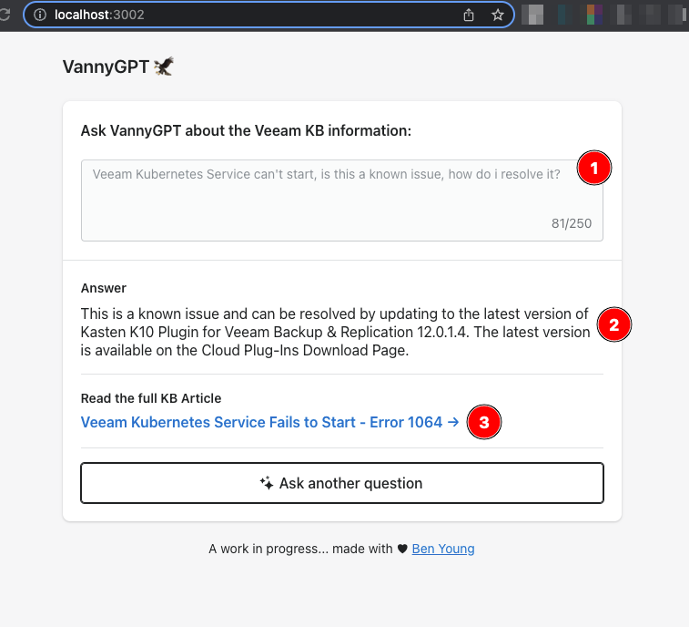 VannyGPT 1.0, a Chatbot for the Veeam KB data
